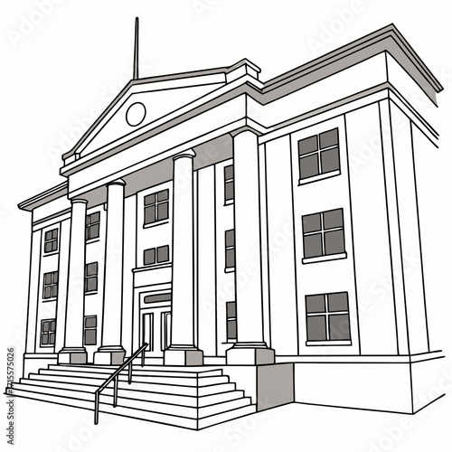 Illustration of a courthouse building with columns and stairs, representing the judicial system, government, and legal institutions