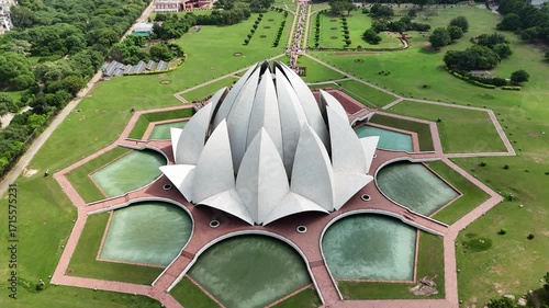 Aerial shot of Lotus Temple Baháʼí House of Worship in New Delhi, India