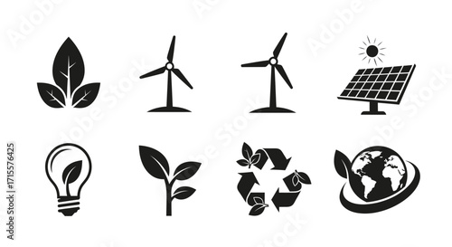 Eco Friendly Resources Renewable Energy Icons Set in Black