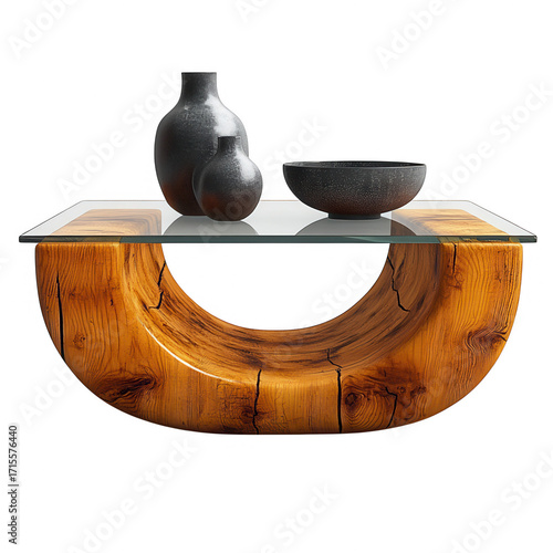 Modern u shaped wooden coffee table with a glass top displaying decorative vases and a bowl isolated on transparent background