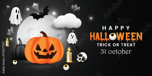 Black color Halloween party celebration social media banner design vector with haunted elements. Halloween night scene with a pumpkin, bats, clouds, and a balloon. Black color Spooky night poster.