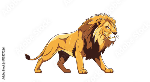 Stylized Lion Cartoon Illustration Walking Forward on White Background