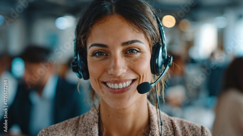 Portrait of a friendly female call center agent with a headset smiling at the camera.