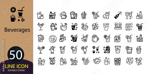 Vector collection of 50 line icons representing various beverages, including cocktails, coffee, and tea, isolated on white background