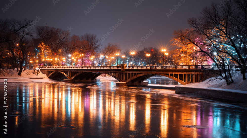 Fototapeta premium Winter festival celebrations with christmas lights on a snowy bridge at night cityscape reflection vibrant atmosphere