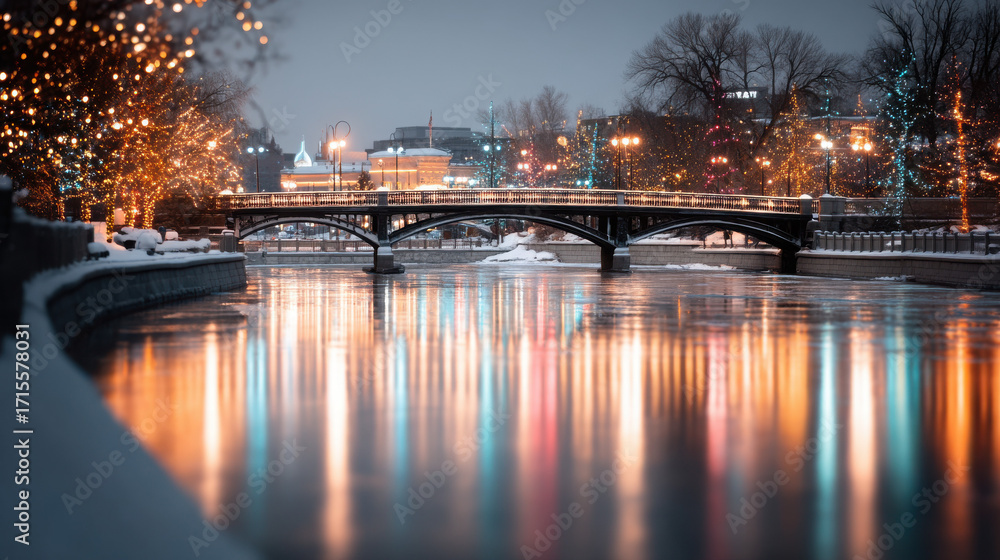 Fototapeta premium Snowy christmas festival lights reflect on river cityscape winter wonderland night view enchanting holiday atmosphere