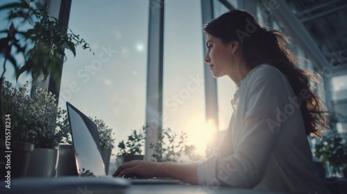 Young female professional working on a laptop in a modern office with natural sunlight.