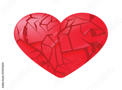 Broken heart red torn papers on white background. Barbed wire heart shape. ed broken heart isolated in background. Red heartbreak. Relationship breakup problem, vector illustration.
