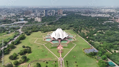 Aerial shot of Lotus Temple Baháʼí House of Worship in New Delhi, India