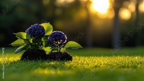Two vibrant hydrangea plants in a garden at sunset.