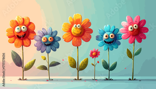Happy Flowers A whimsical illustration of smiling flowers in a garden