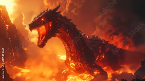 Fiery Dragon Roars Amidst Volcanic Lava Landscape - Fantasy Creature