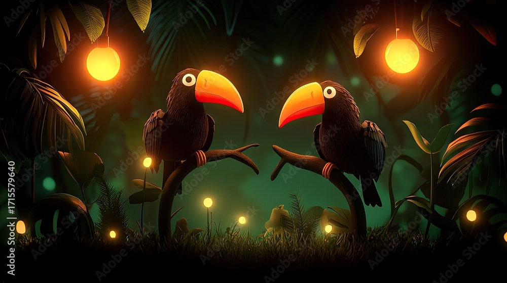Obraz premium Two toucans in a mystical, lit jungle scene.