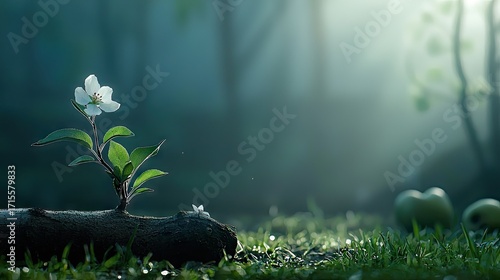 A delicate white flower emerging from a log in a misty forest.