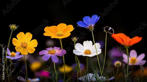Vibrant cosmos flowers in a garden setting.