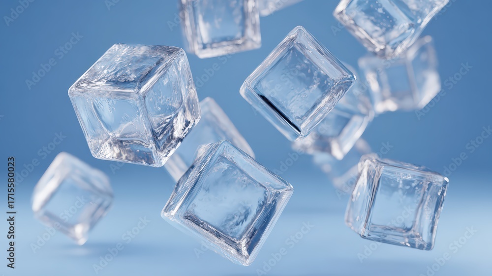 Obraz premium Clear ice cubes float suspended in air on a light blue background, showing textures and light refracting through the water crystal material.