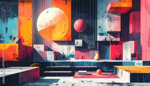 Abstract Geometric Composition Featuring Vibrant Colors and Textures, A Modern Art Piece