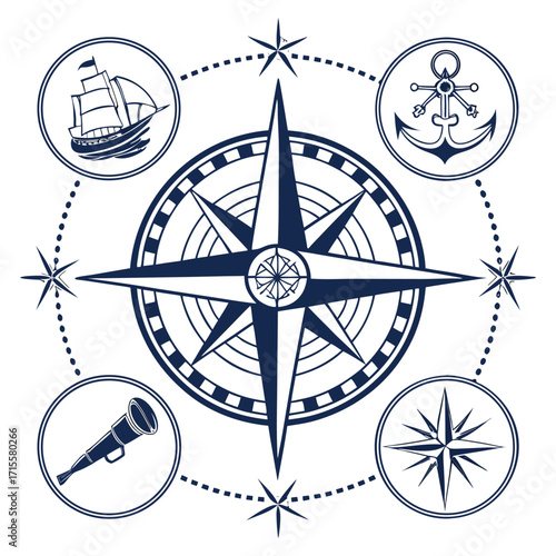 Compass Rose Navigation: A detailed compass rose, featuring nautical elements like a ship, anchor, and spyglass, guides the way in a classic emblem of exploration and direction. 
