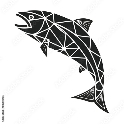 Vector geometric black and white illustration of a leaping salmon, isolated on white background
