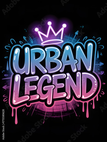 Urban Legend graffiti text design with crown element Neon color style Vector illustration on black b
