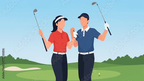 illustration of a man and woman playing golf as a pair