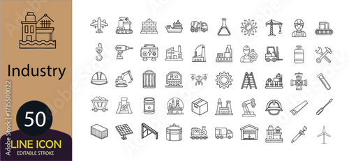Vector industry line icons set, isolated on white background