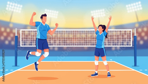 illustration of a man and a woman volleyball team celebrating on a volleyball court