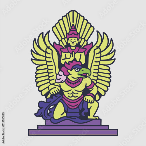 Flat Cartoon Garuda Wishnu Kencana In Bali Symbol Icon with Person Character on Top