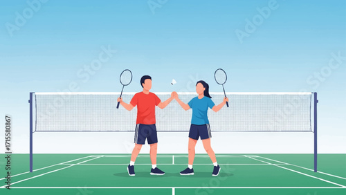 illustration of two badminton players on a court