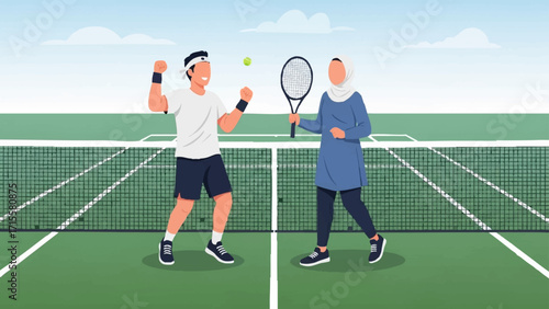 Illustration of two tennis players celebrating on a tennis court