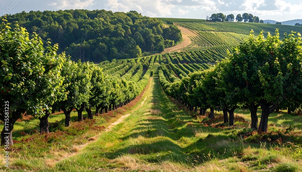 Fototapeta premium Serene Orchard Rows under a Summer Sky