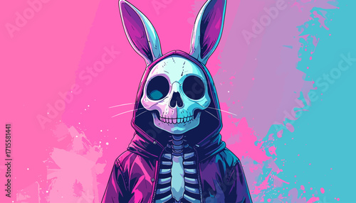 Surreal Rabbit Skull Art in Vibrant Pink and Blue