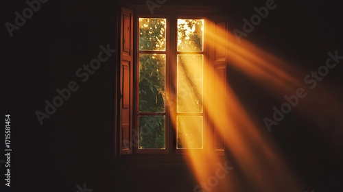 Golden rays of sunlight illuminating a dark room through a window.
