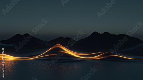 Golden lines weave through a dark mountain landscape.