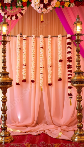  Traditional South Indian wedding décor background featuring brass lamps, jasmine torans, and soft pastel fabric layers.