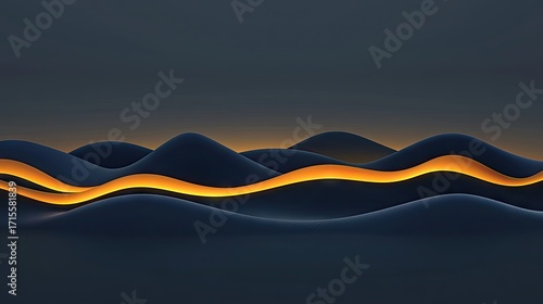 Abstract landscape of dark blue hills illuminated by glowing orange lines.