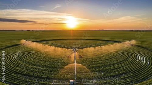 A stunning aerial view of a center-pivot irrigation system watering a vast, circular green field at sunset. The golden light of the setting sun illuminates the water spray, creating a beautiful mist o