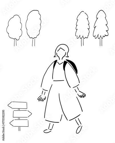 歩く女性_手描きイラスト_線画｜Walking Woman