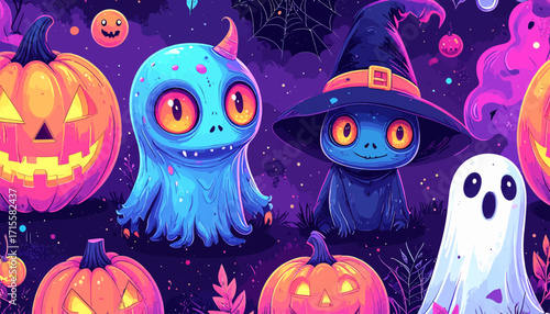 Whimsical neon Halloween illustration with adorable ghosts, smiling jack-o'-lanterns, and magical elements in a seamless spooky pattern