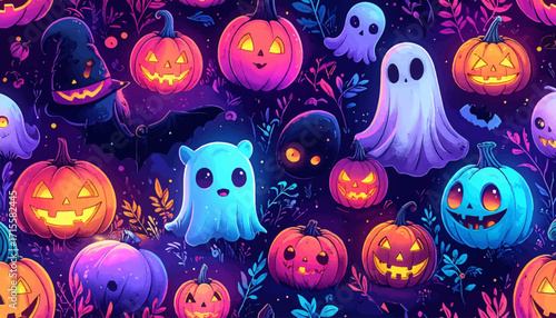Halloween Pattern with Pumpkins and Ghosts for a Festive Background