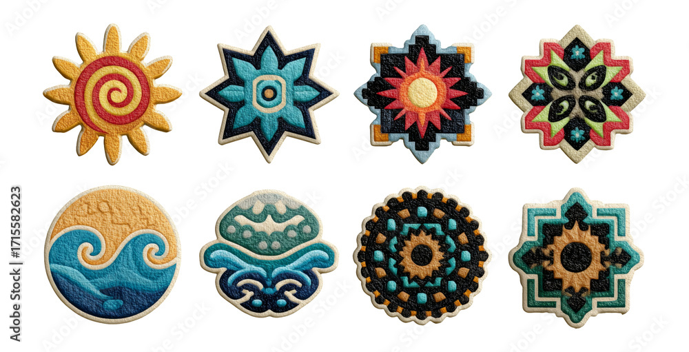 Fototapeta premium Colorful Embroidered Patches in Various Shapes and Styles for Creative Projects
