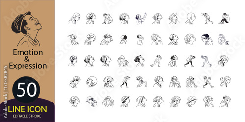 Vector set of 50 emotion and expression line icons, depicting various human feelings and gestures, isolated on white background