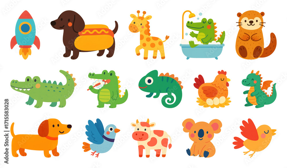 Obraz premium PNG Colorful cartoon animal illustrations, element set on transparent background