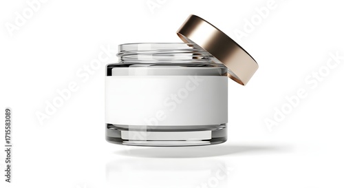 An open clear glass cosmetic jar with a blank white label and a gold lid, isolated on a white background.