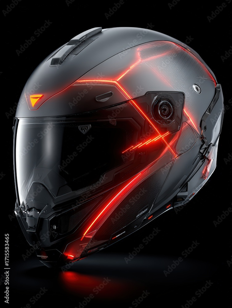 Fototapeta premium A futuristic motorcycle helmet with glowing red lines sits against a stark black background displaying its sleek modern design and aesthetic appeal.