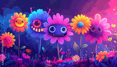 A whimsical field of anthropomorphic flowers with happy faces under a vibrant, dreamlike sky