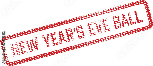 Red polka dot rectangle shape spells New Years Eve Ball on white background