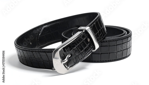 A black leather belt with a crocodile embossed pattern and a polished metal buckle rests on a white background.