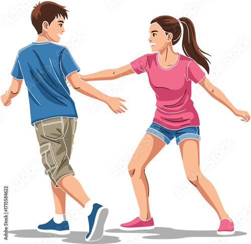 Playful boy and girl, casual summer clothing, outdoor fun, happy childhood moments, friendship, motion, smiling faces, leisure activity, youth lifestyle, carefree joy
