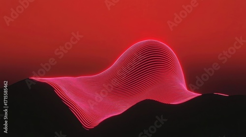 A vibrant, crimson, abstract landscape of undulating lines.